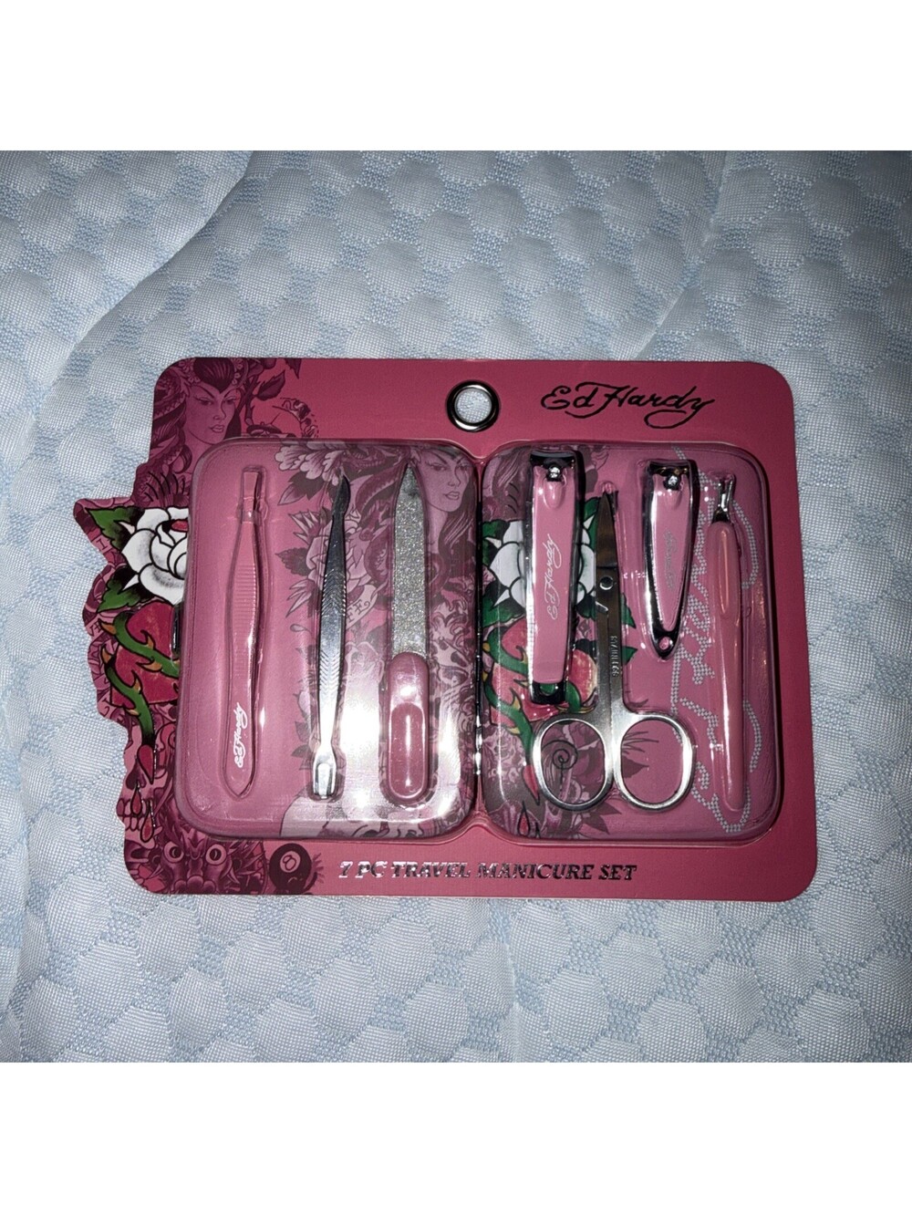 Ed Hardy 7 Pc Manicure Set Pink Nail Clippers Scissors File Travel Kit New